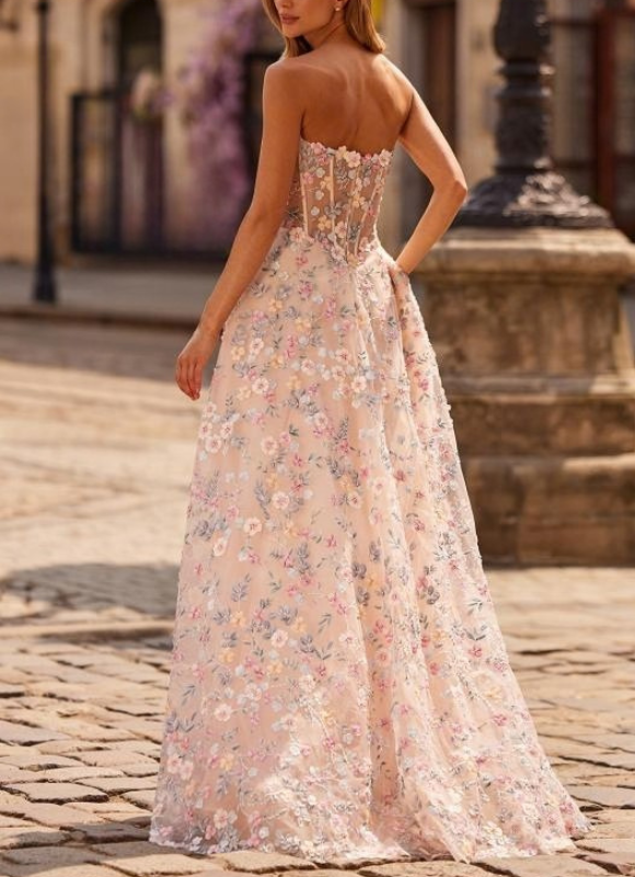 La Femme Strapless Corset 3D Floral Dress