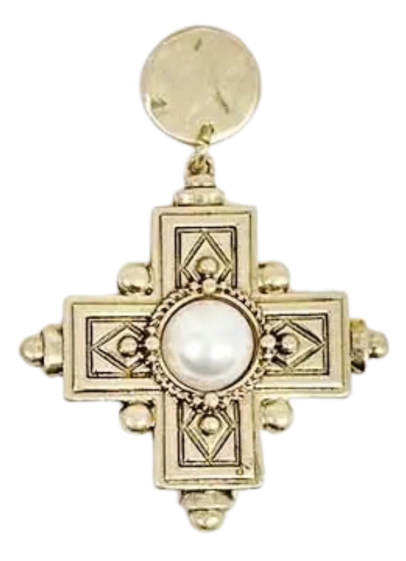 Pretty Persuasions Faux Pearl Adorned Vintage Cross Dangle Earrings
