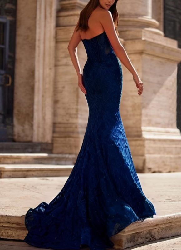 La Femme Strapless Lace Mermaid Dress