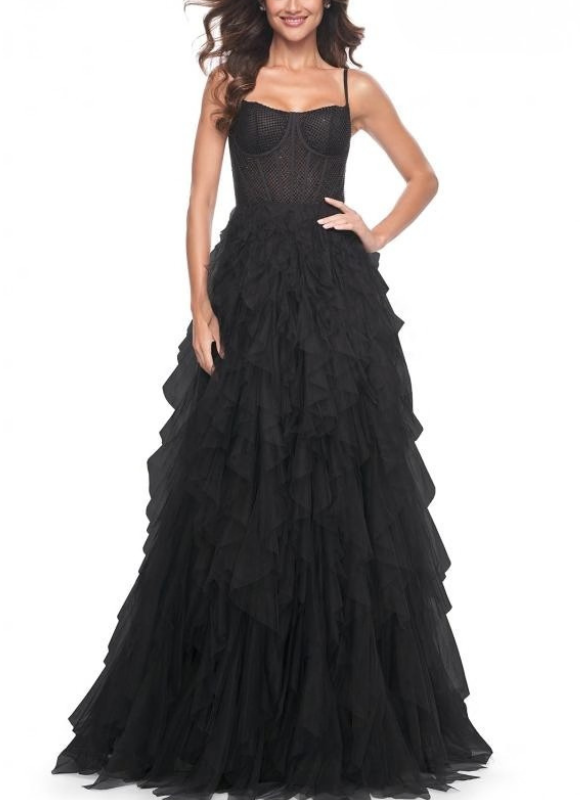 La Femme Tulle Dress With Ruffle Skirt And Illusion Rhinestone Bustier