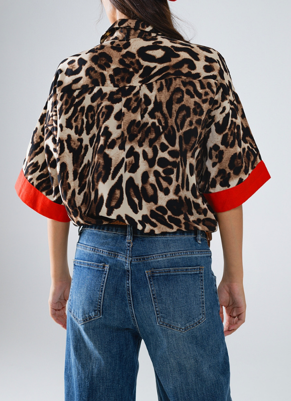 Q2 Leopard 3/4 Sleeves Shirt WIth Red Details
