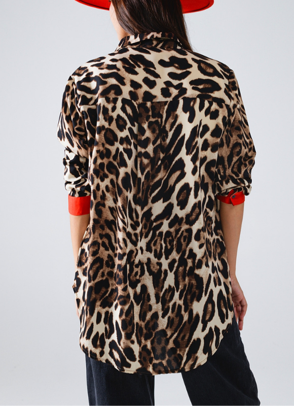 Q2 Leopard Shirt WIth Red Button Placket And Red Sleeves Detail