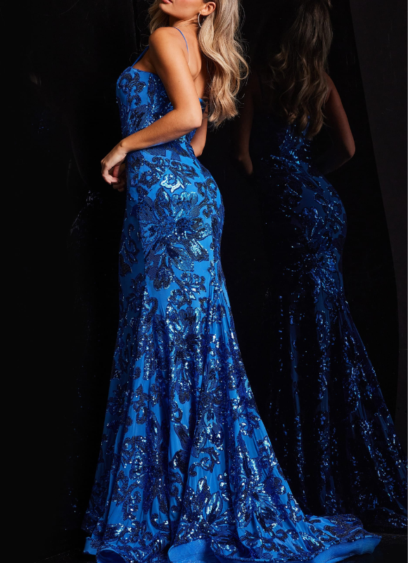 Jovani Blue Embellished Sheath Spaghetti Strap Dress