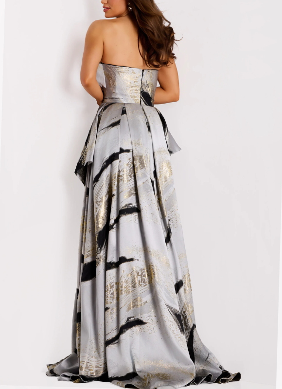 Jovani Strapless Ball Gown With Gold And Black Abstract Print