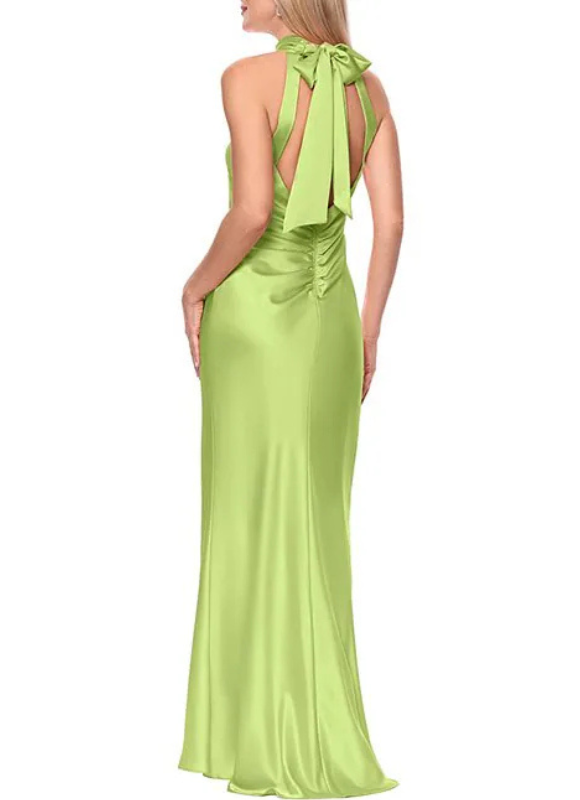 Xscape Ruth Satin High Tie Neck Backless Floor Length Dress