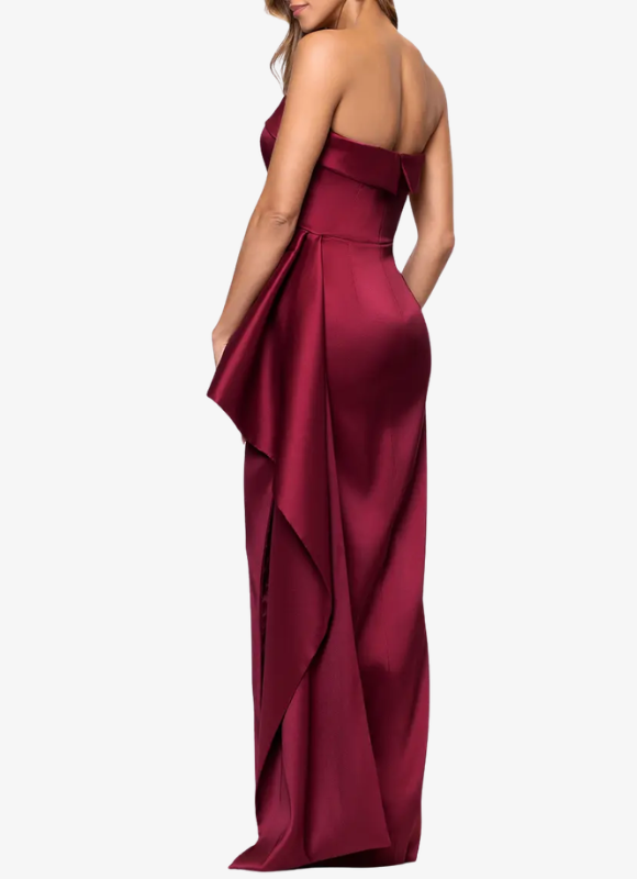 Xscape Remi Satin Strapless Side Ruffle Floor Length Dress