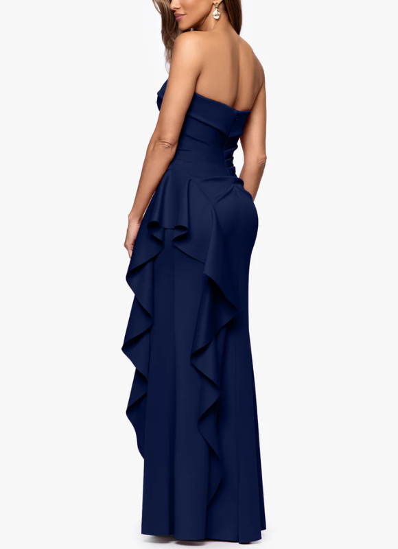 Xscape Jacqueline Techno Scuba Strapless Ruffle Floor Length Dress