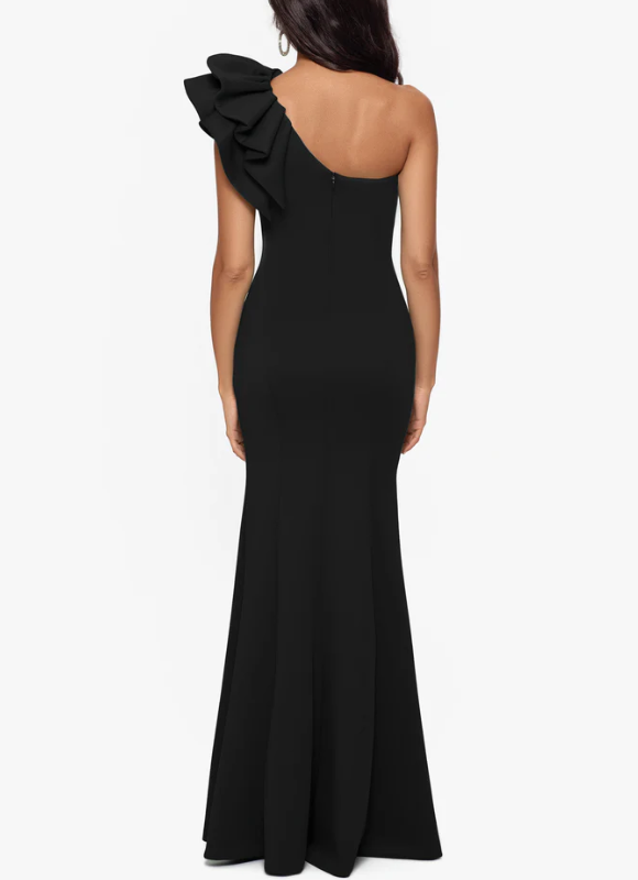 Betsy & Adam Daisy Long Scuba Crepe One Shoulder Dress