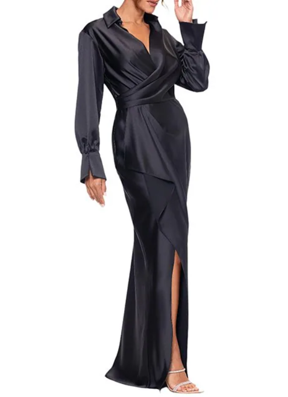 Xscape Kelandra Satin Collared V-Neck Long Sleeve Floor Length Dress