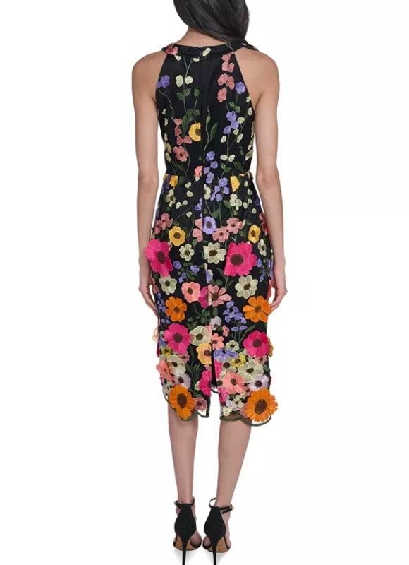 Eliza J. Halter dress with embroidered 3-D flowers