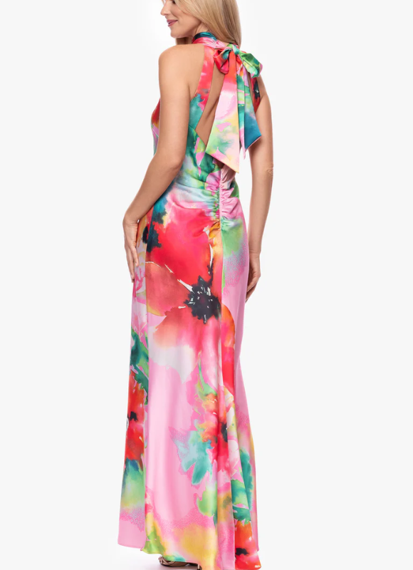 Xscape Poppy Printed Satin Halter Dress
