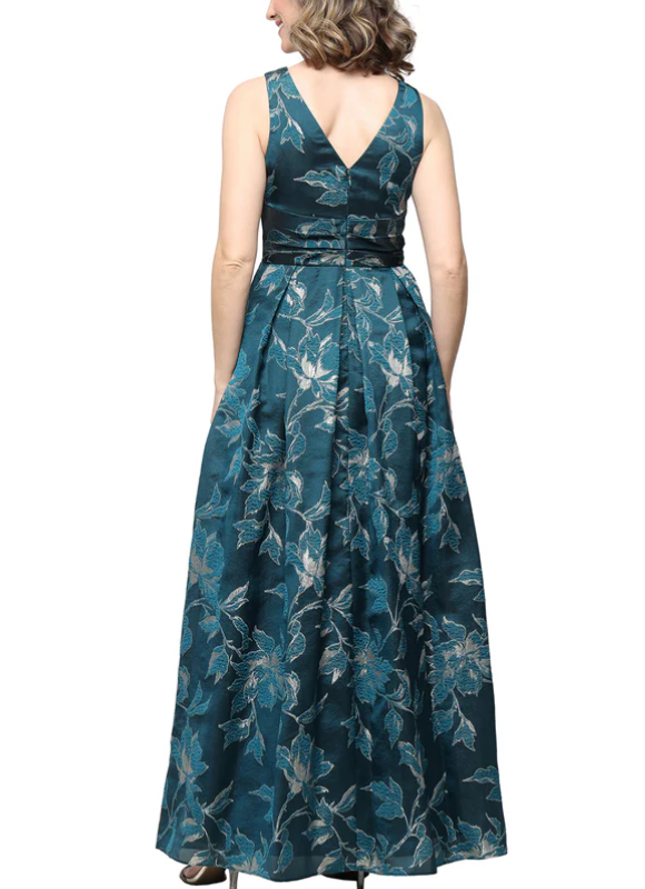 Alex Evenings Long Sleeveless Jacquard Dress with Ruched Waist and Shawl