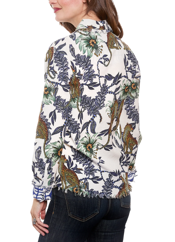 Dizzy Lizzie Cape Cod Top Cheetahs and Floral On Ivory Cotton Linen Ground