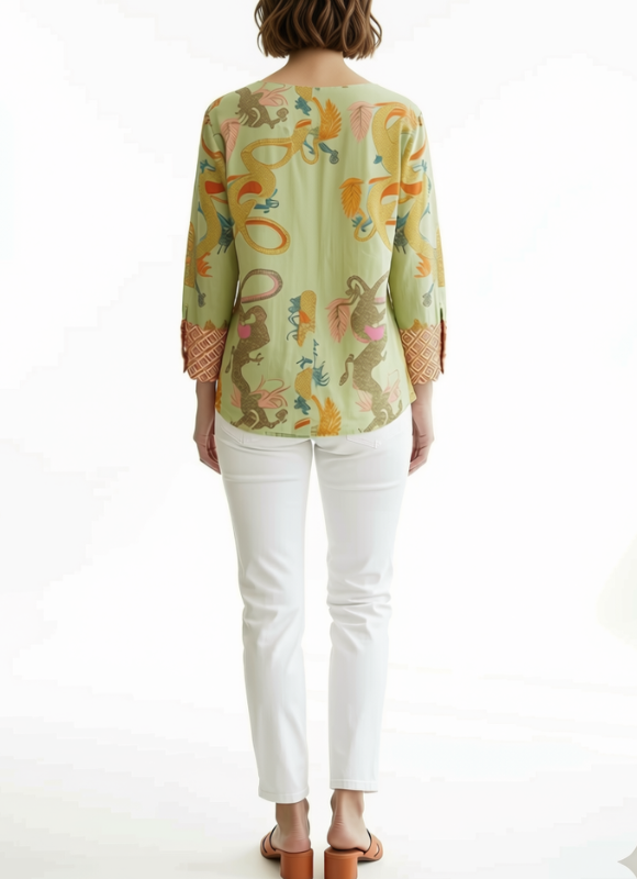 Dizzy Lizzie 3/4 Sleeve Rome Shirt Soft Green Cotton Voile Dragon Print