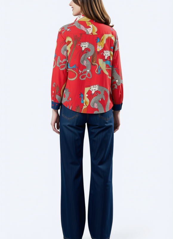 Dizzy Lizzie Cape Cod Tunic Red Ground Dragon Print