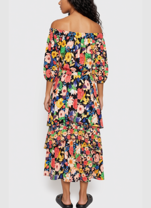 Desigual Off The Shoulder Tropical Floral Hi Low Dress