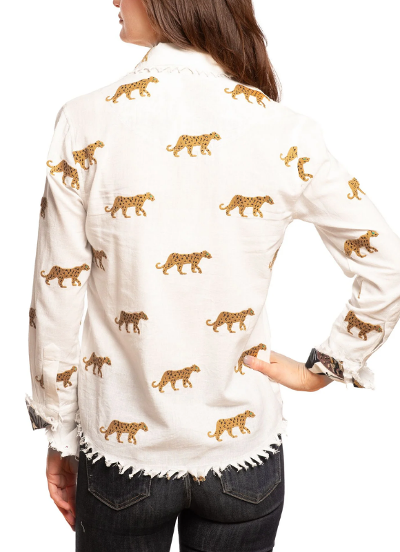 Dizzy Lizzie Cape Cod Ivory Top with Cheetah Embroidery