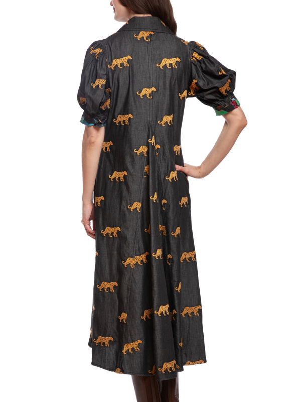 Dizzy Lizzie Montauk Dress Black with Embroidered Cheetahs.