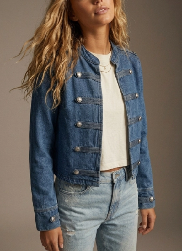 Q2 Denim Blue Rigid Non-Stretch Military Button Cropped Jacket