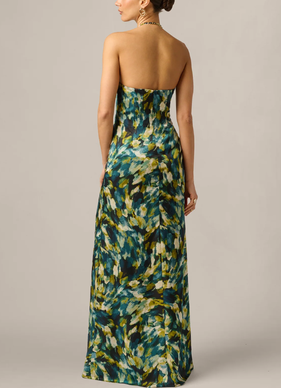 Adrianna Papell Printed Stretch Satin Chain Halter Gown