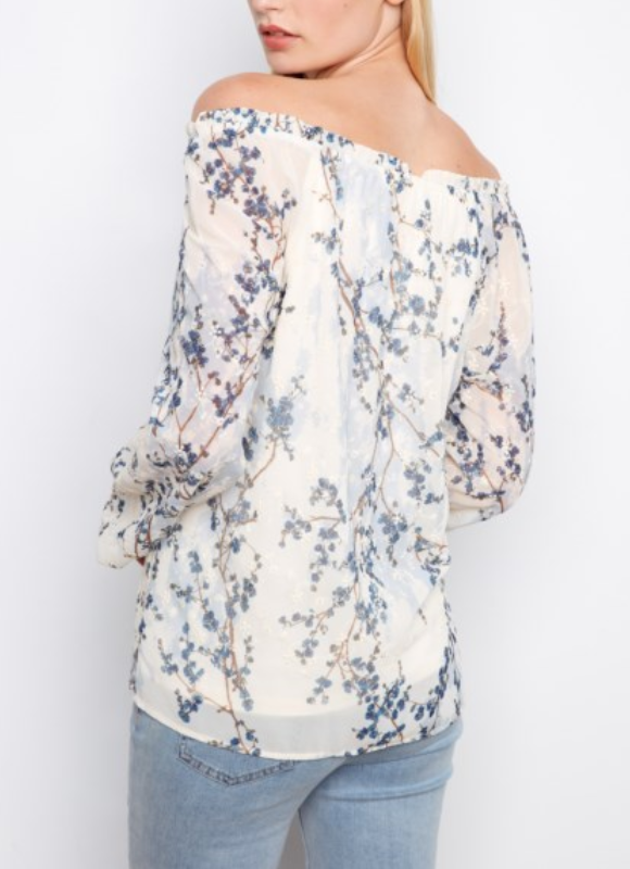 Charlie B Printed Eyelet Off-Shoulder Blouse