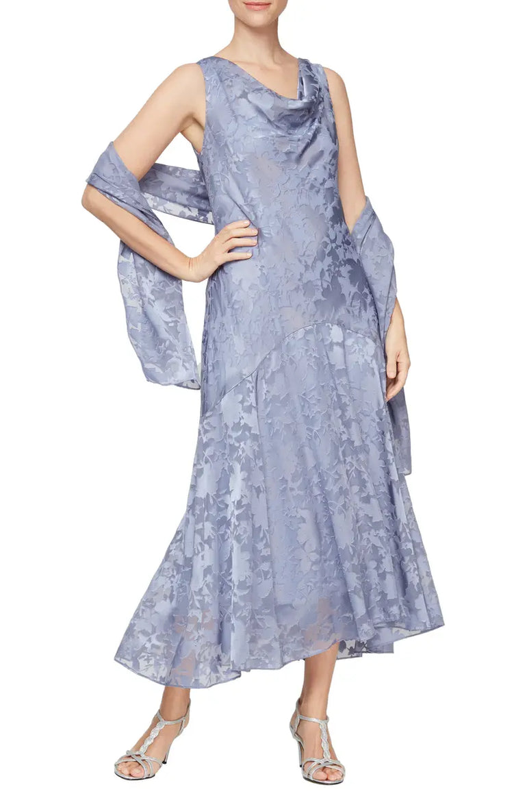 Alex Evenings Floral Burnout Fil Coupé Dress with Shawl