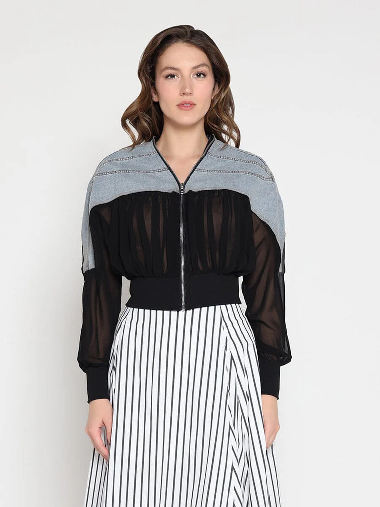 Gracia Zip-Front Crew Neck Spliced Denim Cropped Jacket